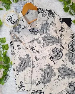 تونیک جلو دکمه کرم مشکی طرح تک جیب بته جقه گلپوش