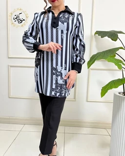 تونیک راه راه اطلس طوسی روشن سایز-40-تخفیفی
