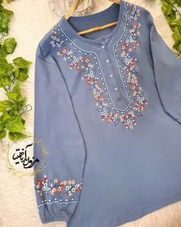تونیک نخ پنبه آبی درباری طرح شکوفه ریز گلدار 
