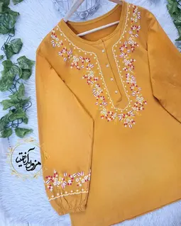 تونیک نخ پنبه خردلی طرح شکوفه ریز گلدار 