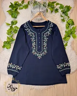 تونیک نخ پنبه سرمه ای طرح شکوفه ریز گلدار
