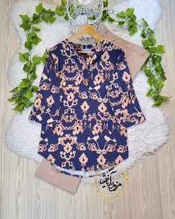 تونیک نخی آستین پاگن دار سرمه ای طرح سنتی نسکافه ای چیمه