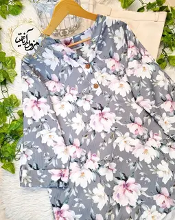 تونیک نخی آستین پاگن دار طوسی طرح گلهای صورتی مارا