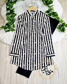 تونیک پنج دکمه راه راه سفید مشکی طرح قلب طلایی ریز و درشت سایز-2-تخفیفی