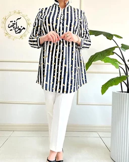 تونیک پنج دکمه راه راه سفید مشکی طرح قلب طلایی ریز و درشت سایز-5-تخفیفی
