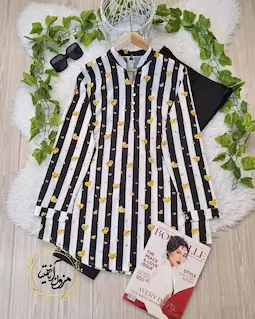 تونیک پنج دکمه راه راه سفید مشکی طرح قلب طلایی ریز و درشت سایز-8-تخفیفی