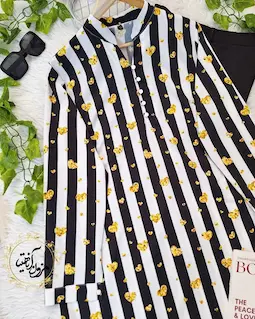 تونیک پنج دکمه راه راه سفید مشکی طرح قلب طلایی ریز و درشت