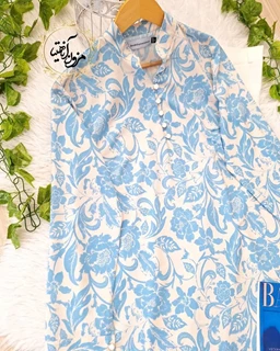 تونیک پنج دکمه سفید آبی آسمانی سایز بزرگ طرح گلدار باغ بهار