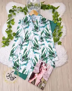 تونیک پنج دکمه سفید سبز طرح خطی آبرنگی  مهشید سایز-5-تخفیفی