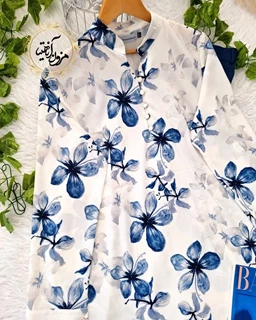 تونیک پنج دکمه سفید سرمه ای سایز بزرگ طرح گلدار محیا