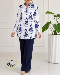 تونیک پنج دکمه سفید طرح خطی آبرنگی بنفش مهشید