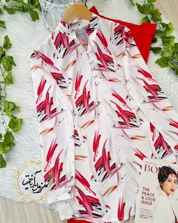 تونیک پنج دکمه سفید طرح خطی آبرنگی سرخابی مهشید