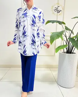 تونیک پنج دکمه سفید طرح خطی آبرنگی سفید کاربنی مهشید