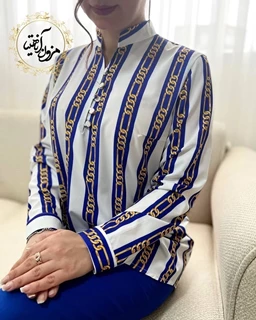 تونیک پنج دکمه سفید سایز بزرگ طرح راه راه زنجیری کاربنی
