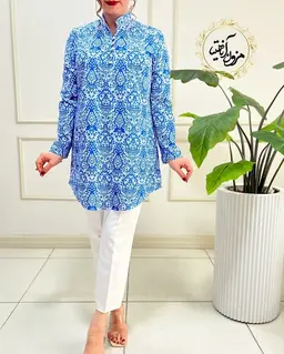 تونیک پنج دکمه سفید طرح سرمه آبی