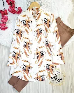 تونیک پنج دکمه سفید طرح نسکافه ای خطی آبرنگی مهشید سایز-6-تخفیفی