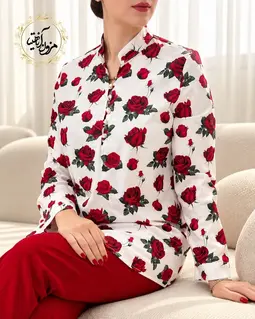 تونیک پنج دکمه سفید طرح گل رز قرمز