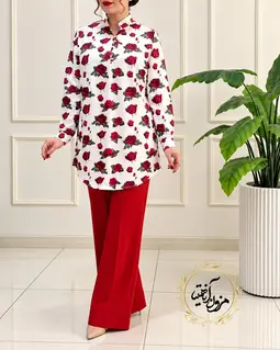 تونیک پنج دکمه سفید طرح گل رز قرمز