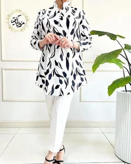 تونیک پنج دکمه سفید طرح گل لاله مشکی سایز-2-تخفیفی