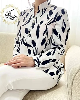 تونیک پنج دکمه سفید طرح گل لاله مشکی سایز-4-تخفیفی