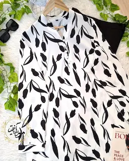 تونیک پنج دکمه سفید طرح گل لاله مشکی