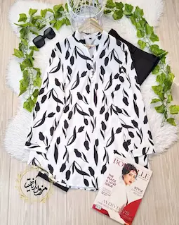 تونیک پنج دکمه سفید طرح گل لاله مشکی