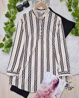 تونیک پنج دکمه سفید مشکی سایز بزرگ طرح راه راه زنجیری آرامیس سایز-6-تخفیفی