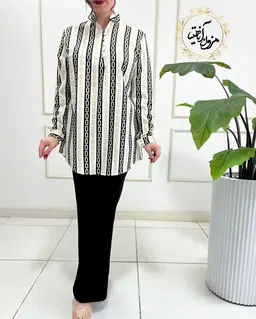 تونیک پنج دکمه سفید مشکی سایز بزرگ طرح راه راه زنجیری آرامیس
