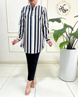 تونیک پنج دکمه سفید مشکی طرح راه راه زنجیری سودابه