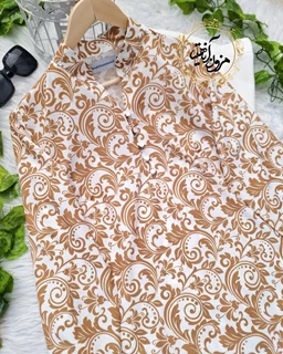 تونیک پنج دکمه سفید نسکافه ای سایز بزرگ طرح برگ و گلبرگ طلایه