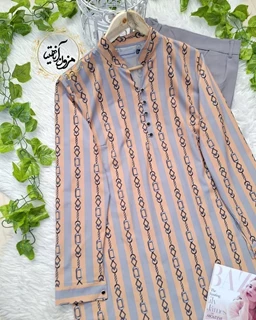 تونیک پنج دکمه طوسی نسکافه ای سایز بزرگ طرح راه راه زنجیری صبا