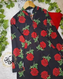 تونیک پنج دکمه مشکی طرح شاخه گل رز قرمز مونیکا