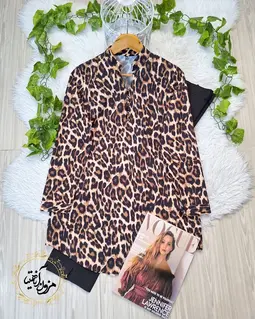 تونیک پنج دکمه نسکافه ای مشکی طرح پلنگی سوزان