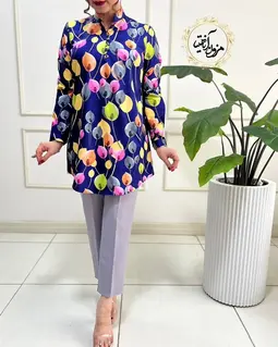 تونیک پنج دکمه کاربنی بنفش طرح لاله رنگی نلین