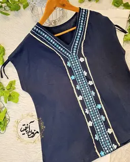 شومیز آستین افتاده سرمه ای طرح یراق دوزی 