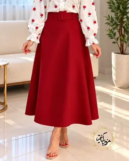 دامن زنانه قرمز طرح نیم کلوش قد بلند ایلدا