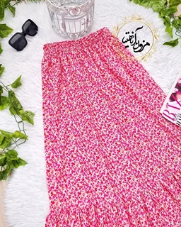 دامن پاچین دار سفید طرح شکوفه های صورتی پونه