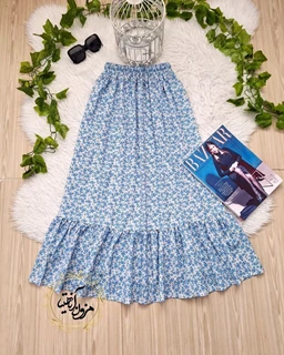 دامن پاچین دار سفید طرح گلهای آبی طوسی پونه