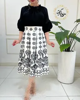 دامن پیله دار سفید طرح نیمه سنتی مشکی اقاقیا
