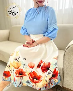 دامن پیله دار سفید طرح نیمه گل های شقایق مهرسا