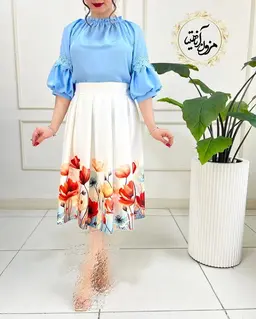 دامن پیله دار سفید طرح نیمه گل های شقایق مهرسا