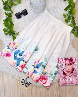 دامن پیله دار سفید طرح نیمه گلدار آریانا