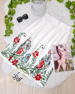 دامن پیله دار سفید طرح نیمه گلدار المیرا