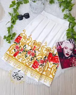 دامن پیله دار سفید طرح نیمه گلدار ریسه طلایی ونوس