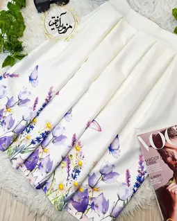 دامن پیله دار سفید طرح نیمه گلهای بهاری و پروانه یاسی ویولت