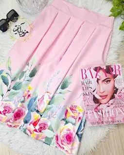 دامن پیله دار صورتی طرح نیمه گلدار آریانا