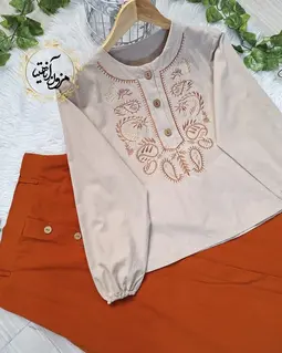 ست شومیز و دامن کرم آجری طرح بته جقه ستیا