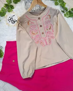 ست شومیز و دامن کرم سرخابی طرح بته جقه ستیا