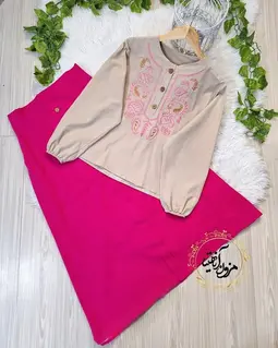 ست شومیز و دامن کرم سرخابی طرح بته جقه ستیا
