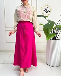 ست شومیز و دامن کرم سرخابی طرح بته جقه ستیا
